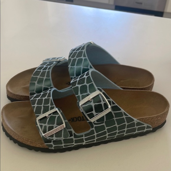 Birkenstock Shoes - Birkenstock Green Croc-Pattern Sandals